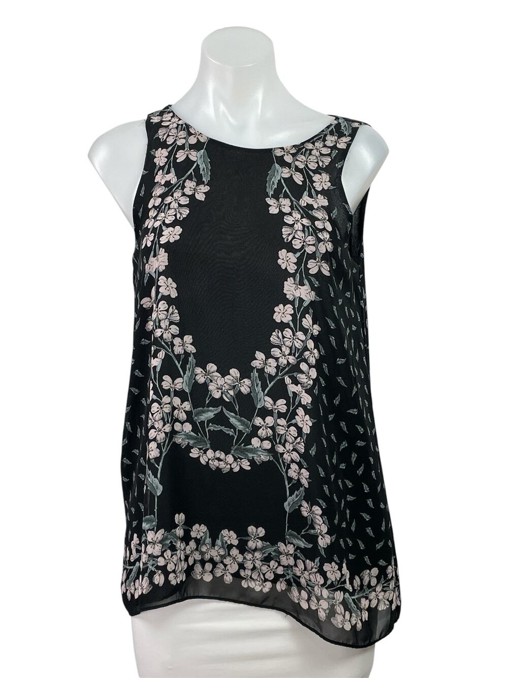 Max Studio Women's Black Floral Sleeveless Round Neck Tank Blouse Top Size S